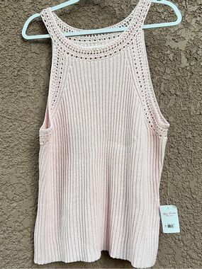 Y2K Lucky Brand Linen Crochet Ribbed Tank Top 2X Blush Pink Pastel Croquette NEW